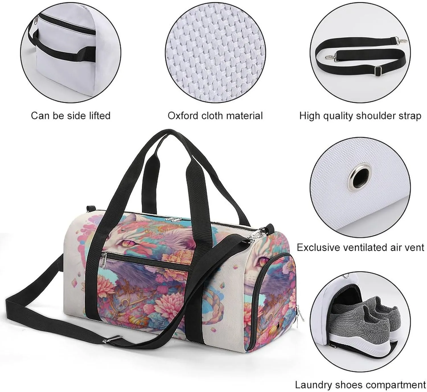 Sport Gym Duffel with Shoe Compartment Wet Pocket, Watercolor-cats-drawing Shoulder Travel Bag for Women Men