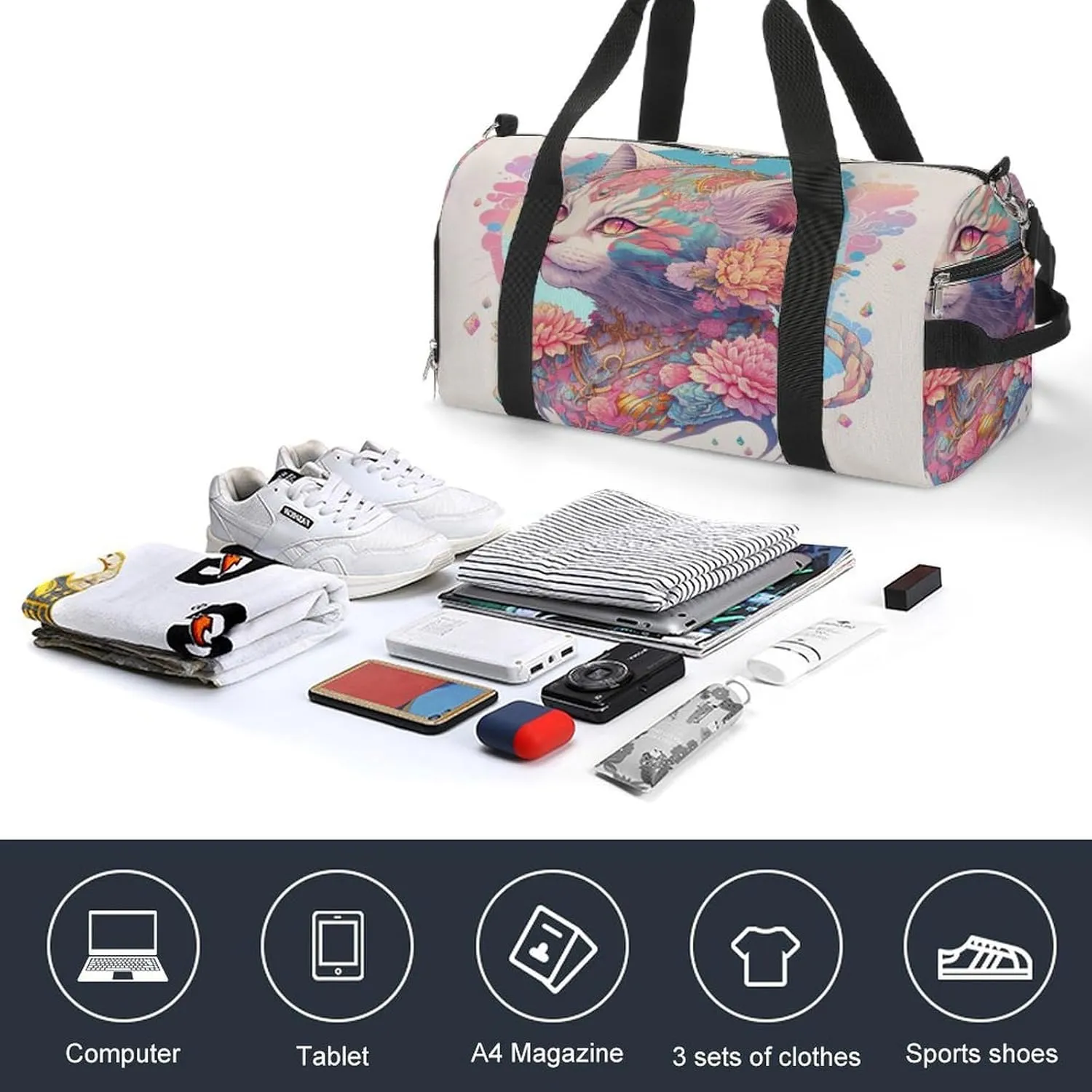 Sport Gym Duffel with Shoe Compartment Wet Pocket, Watercolor-cats-drawing Shoulder Travel Bag for Women Men