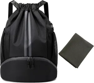 Sports Drawstring Backpack,Waterproof Drawstring Sports Bag Soccer Bag Swim Gym Bag for Men Women with Ball Shoes Compartment (Black)