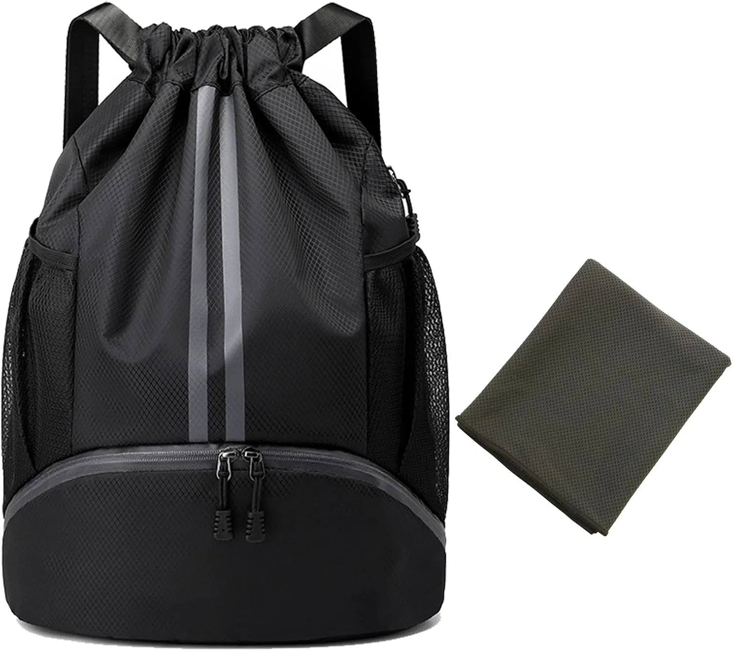 Sports Drawstring Backpack,Waterproof Drawstring Sports Bag Soccer Bag Swim Gym Bag for Men Women with Ball Shoes Compartment (Black)