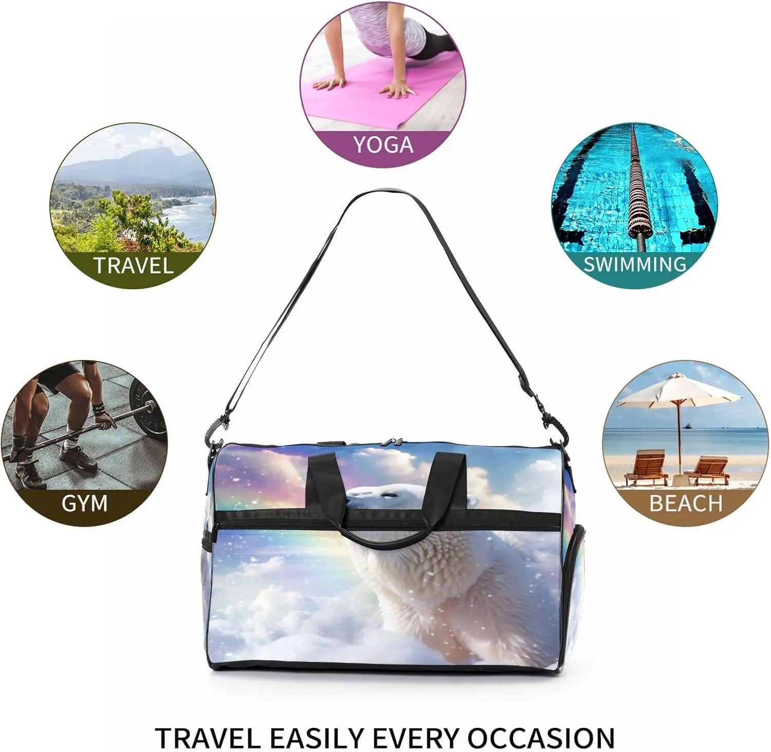 Sports Gym Bag for Women, Sport Duffle Workout Bags with Shoe Compartment, Small Womens Gym Bags, Bear Cloud Rainbow - 3