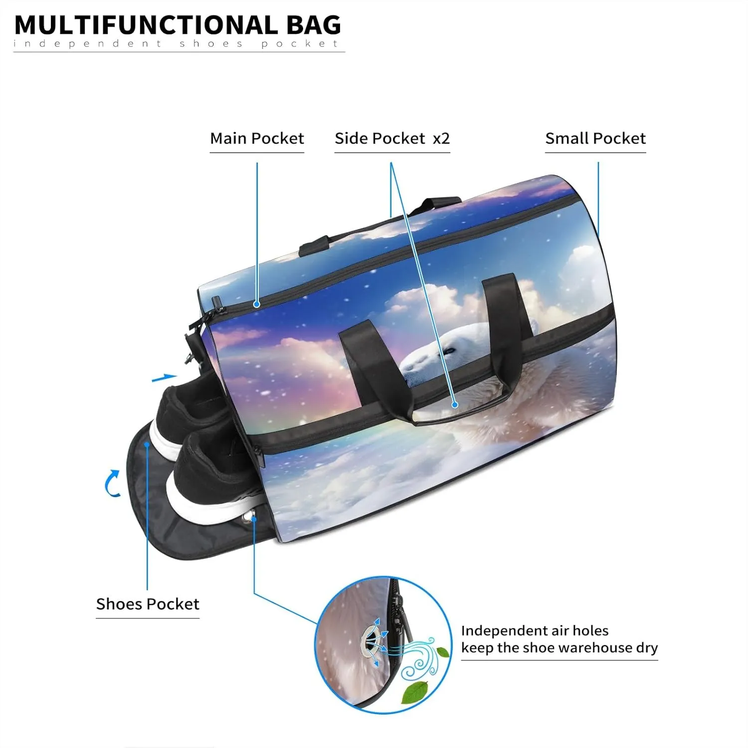 Sports Gym Bag for Women, Sport Duffle Workout Bags with Shoe Compartment, Small Womens Gym Bags, Bear Cloud Rainbow - 3
