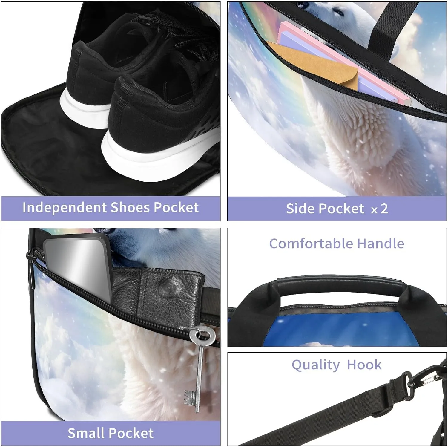 Sports Gym Bag for Women, Sport Duffle Workout Bags with Shoe Compartment, Small Womens Gym Bags, Bear Cloud Rainbow - 3