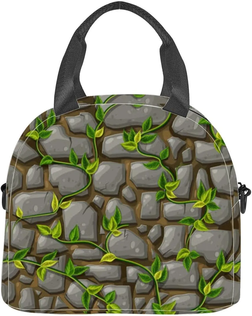 stone wall green leaves and liana brunches cartoon gray masonry Insulated Adult Lunch Bag with Shoulder Strap for Women Lightweight Reusable Portable Freezable Lunch Tote Bag for Work Picnic