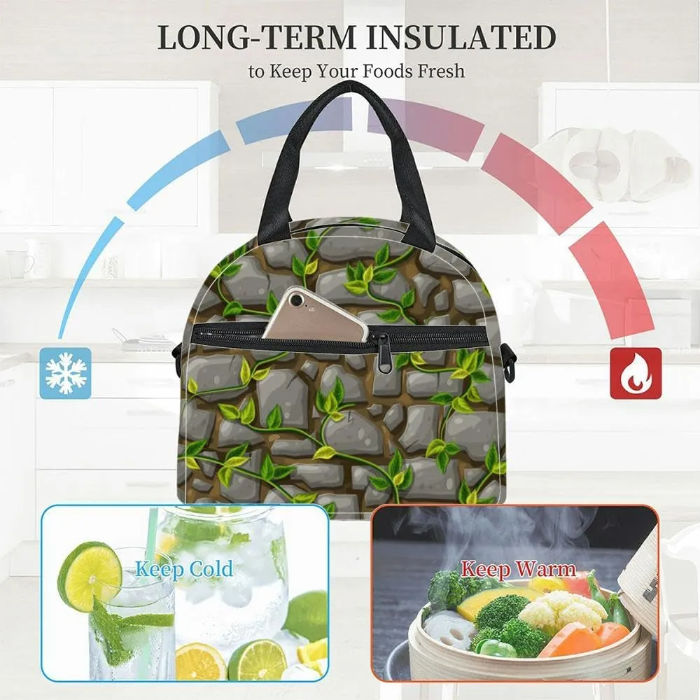 stone wall green leaves and liana brunches cartoon gray masonry Insulated Adult Lunch Bag with Shoulder Strap for Women Lightweight Reusable Portable Freezable Lunch Tote Bag for Work Picnic