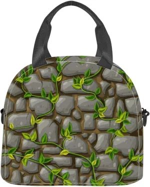 stone wall green leaves and liana brunches cartoon gray masonry Insulated Adult Lunch Bag with Shoulder Strap for Women Lightweight Reusable Portable Freezable Lunch Tote Bag for Work Picnic