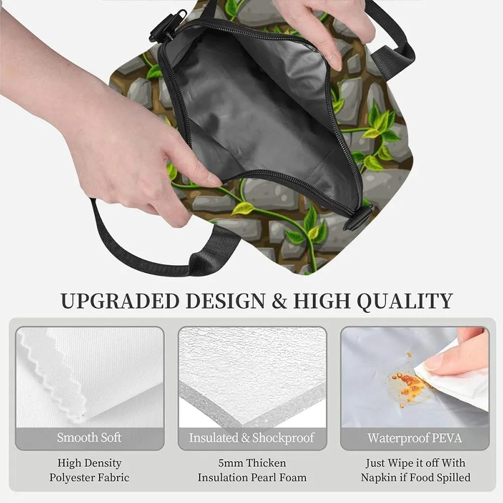 stone wall green leaves and liana brunches cartoon gray masonry Insulated Adult Lunch Bag with Shoulder Strap for Women Lightweight Reusable Portable Freezable Lunch Tote Bag for Work Picnic