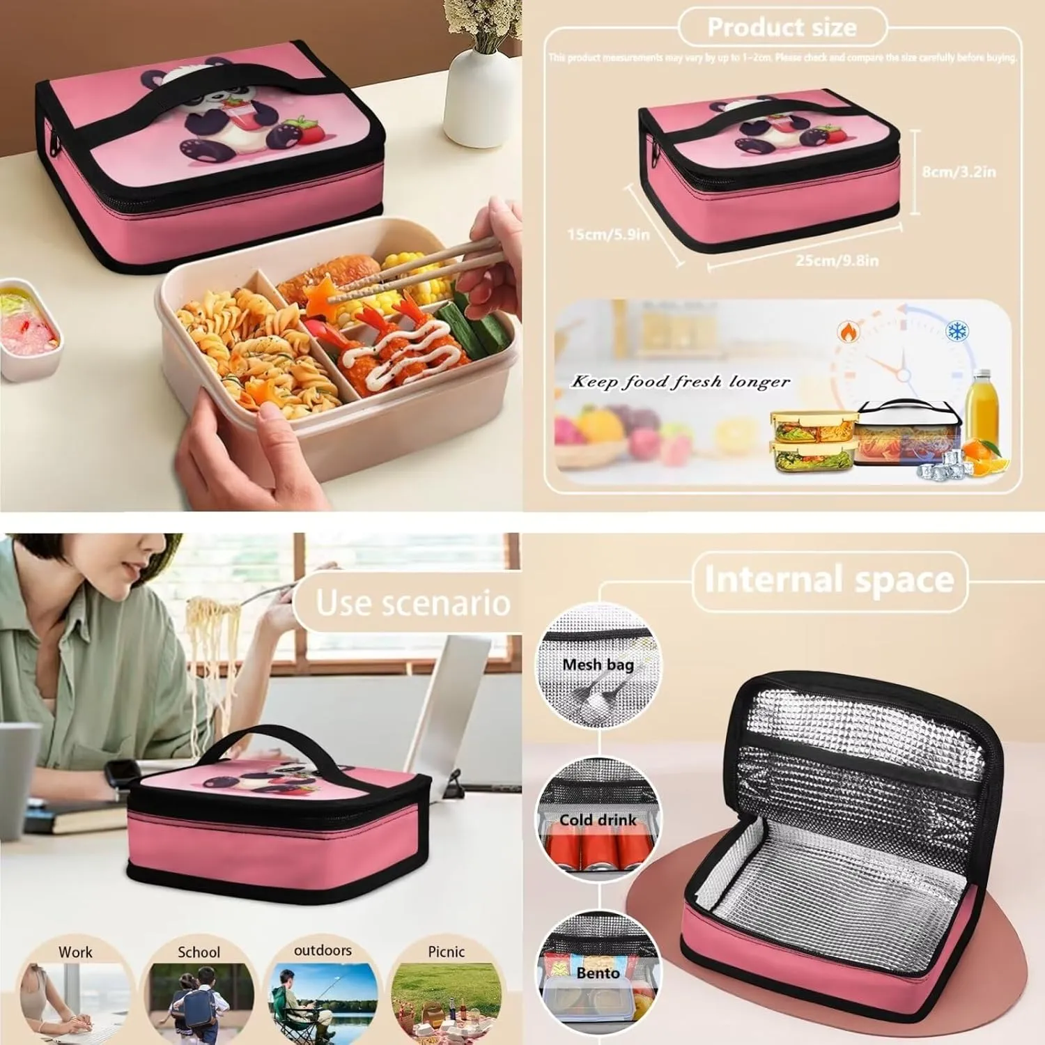 Strawberry Panda 3 Piece Backpack Set for Girls Boys Insulated Lunch Box Cute Pencil Case Daypack Shoulder Bags Sweet Gift for Various Occassions Like Christmas,Thanksgiving