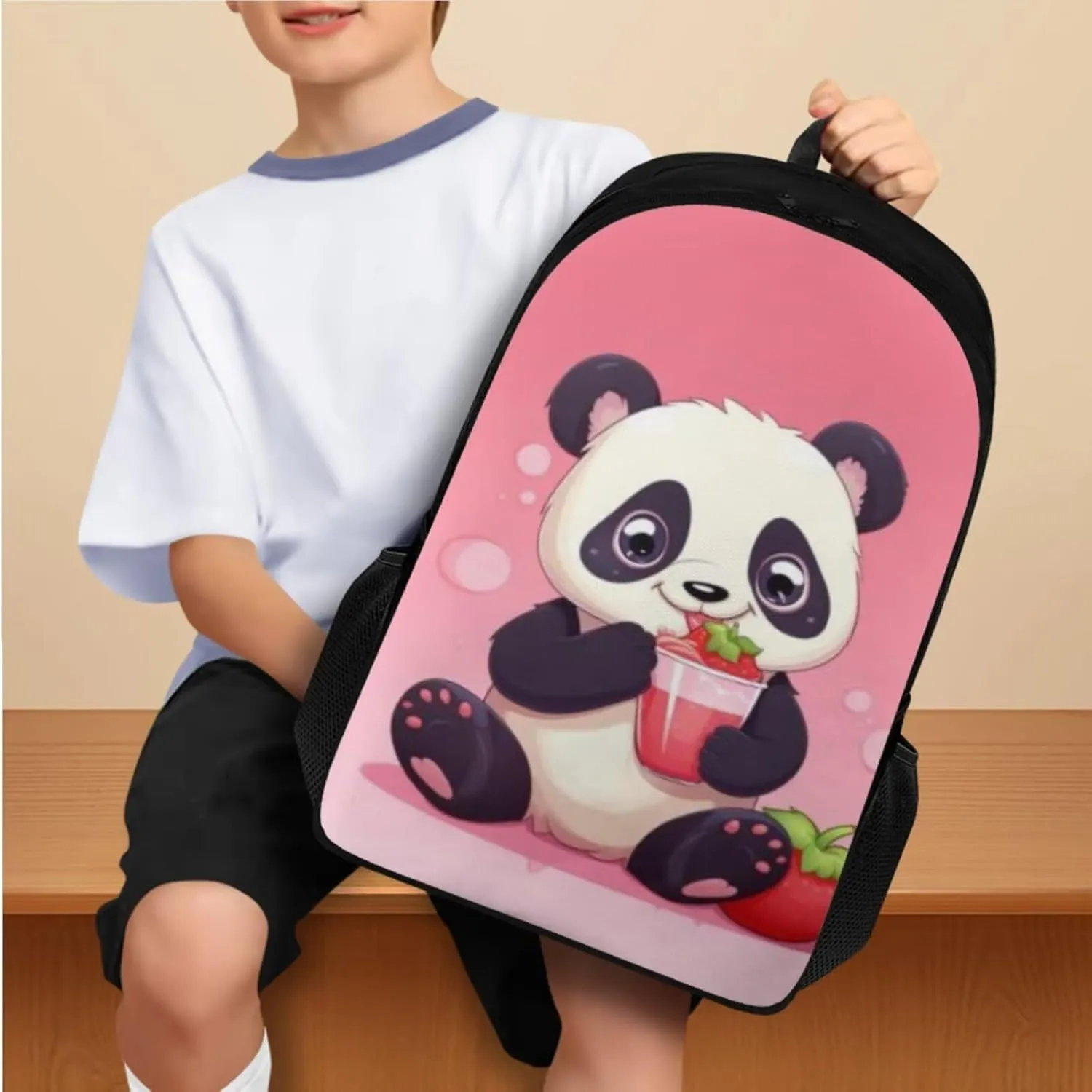 Strawberry Panda 3 Piece Backpack Set for Girls Boys Insulated Lunch Box Cute Pencil Case Daypack Shoulder Bags Sweet Gift for Various Occassions Like Christmas,Thanksgiving
