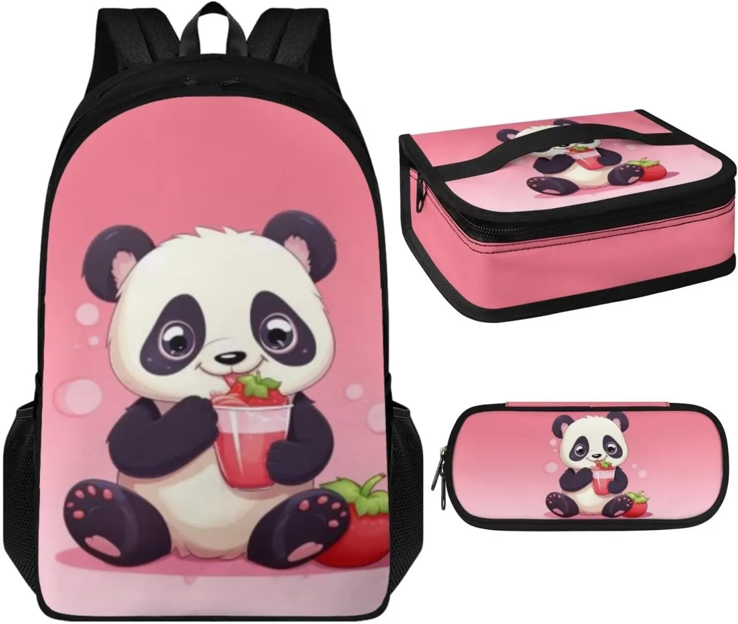 Strawberry Panda 3 Piece Backpack Set for Girls Boys Insulated Lunch Box Cute Pencil Case Daypack Shoulder Bags Sweet Gift for Various Occassions Like Christmas,Thanksgiving