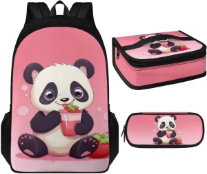 Strawberry Panda 3 Piece Backpack Set for Girls Boys Insulated Lunch Box Cute Pencil Case Daypack Shoulder Bags Sweet Gift for Various Occassions Like Christmas,Thanksgiving