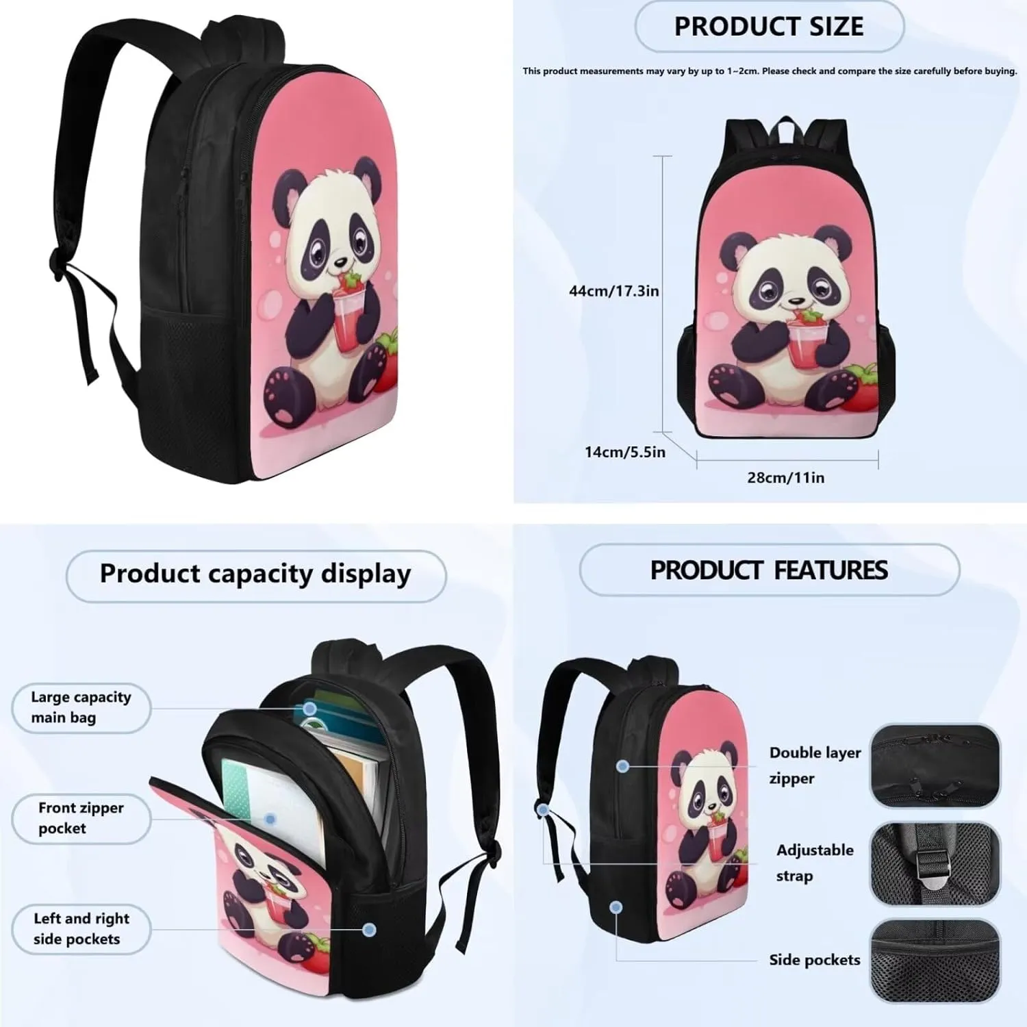 Strawberry Panda 3 Piece Backpack Set for Girls Boys Insulated Lunch Box Cute Pencil Case Daypack Shoulder Bags Sweet Gift for Various Occassions Like Christmas,Thanksgiving