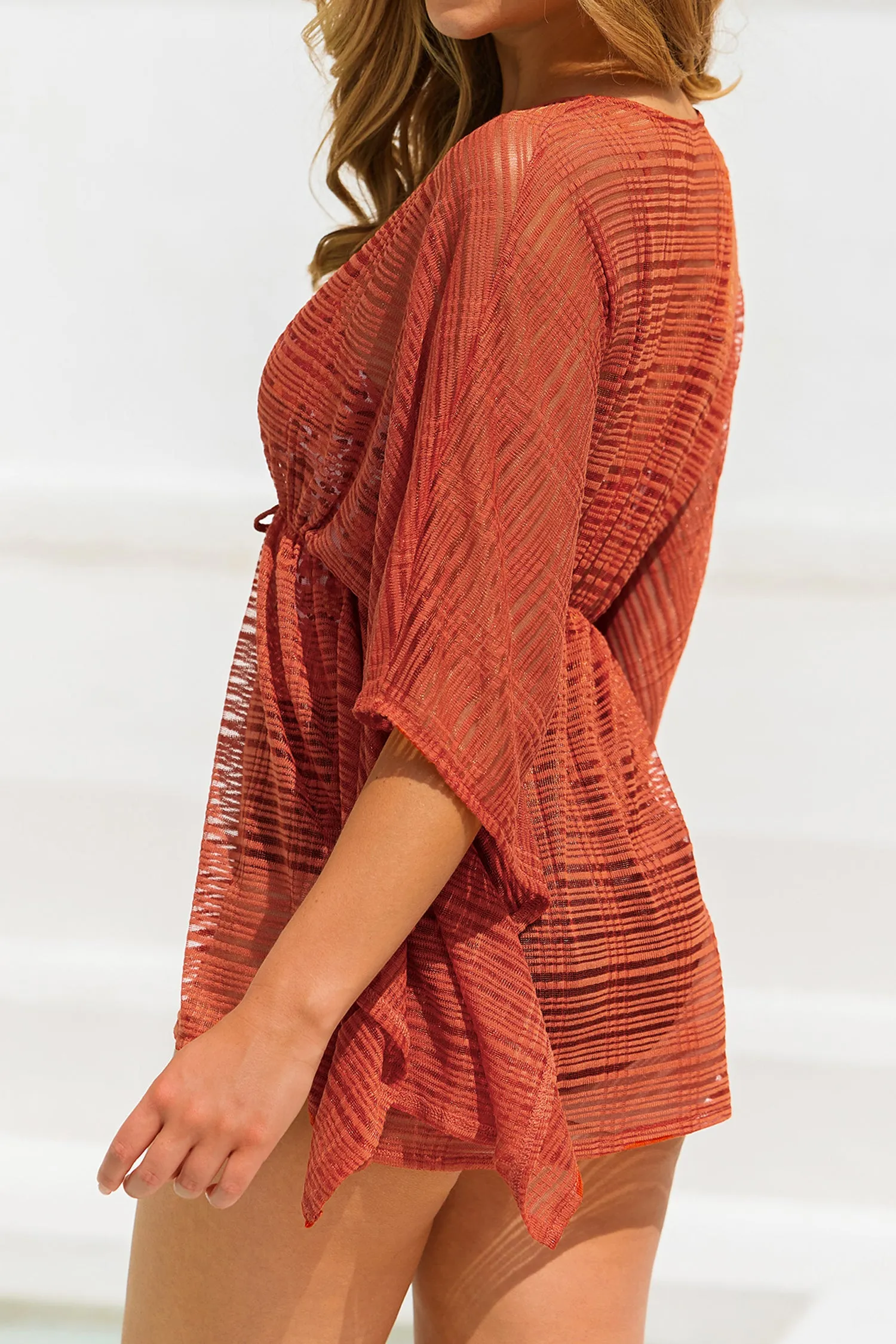 Striped Mesh Drawstring Cover-Up Dress