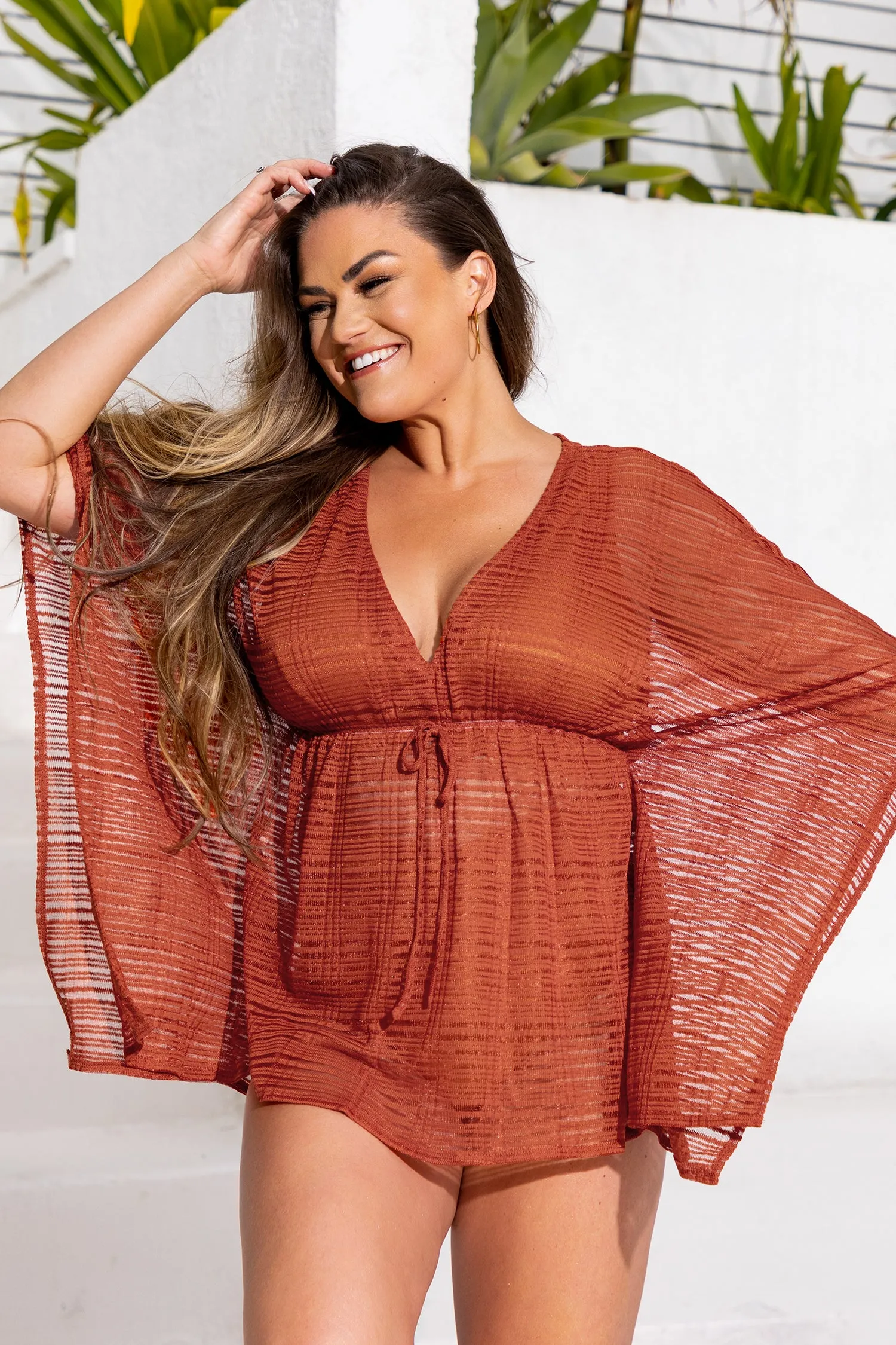 Striped Mesh Drawstring Cover-Up Dress