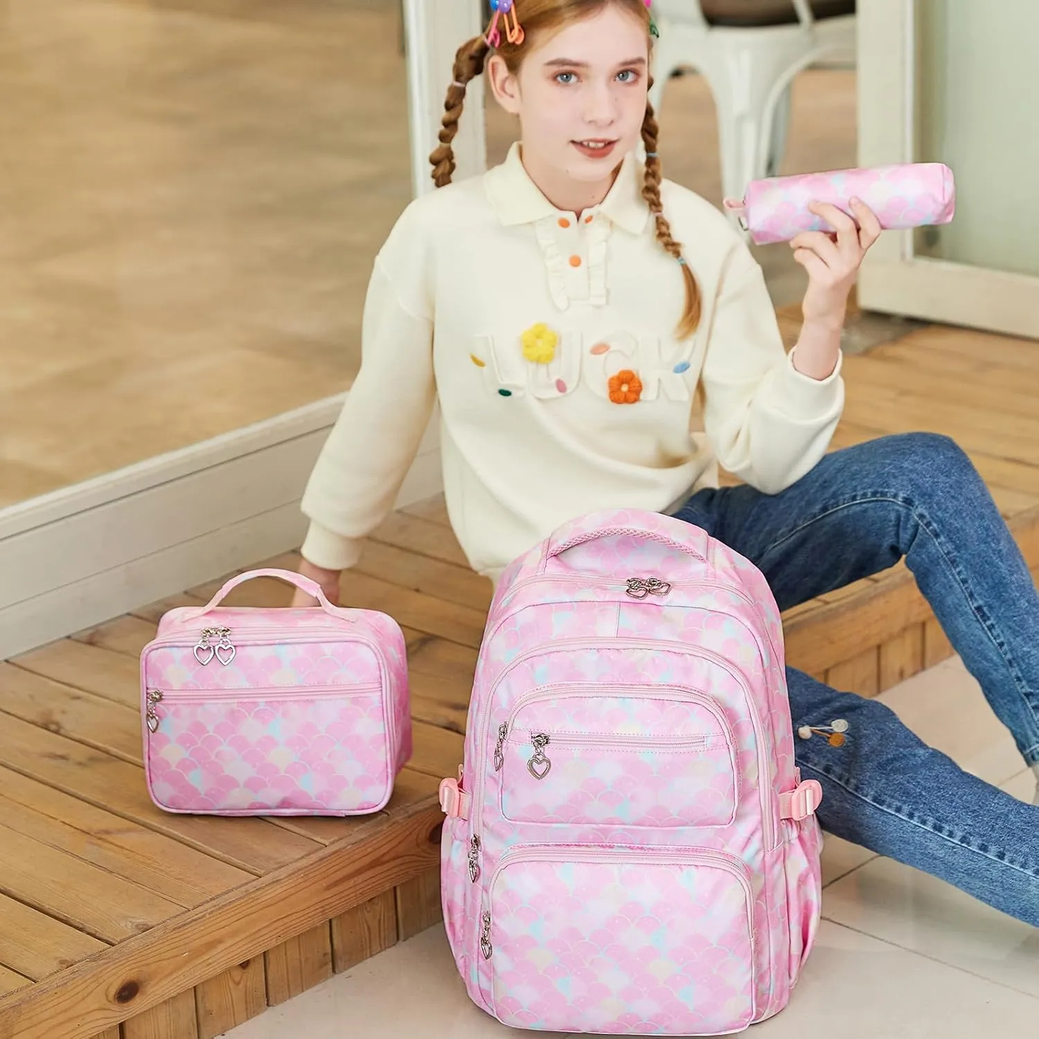 Sugaroom Mermaid Backpack for Girls Backpack with Lunch Box Pencil Case Kids Backpack School Bags Primary Elementary Bookbags for Teen Girls