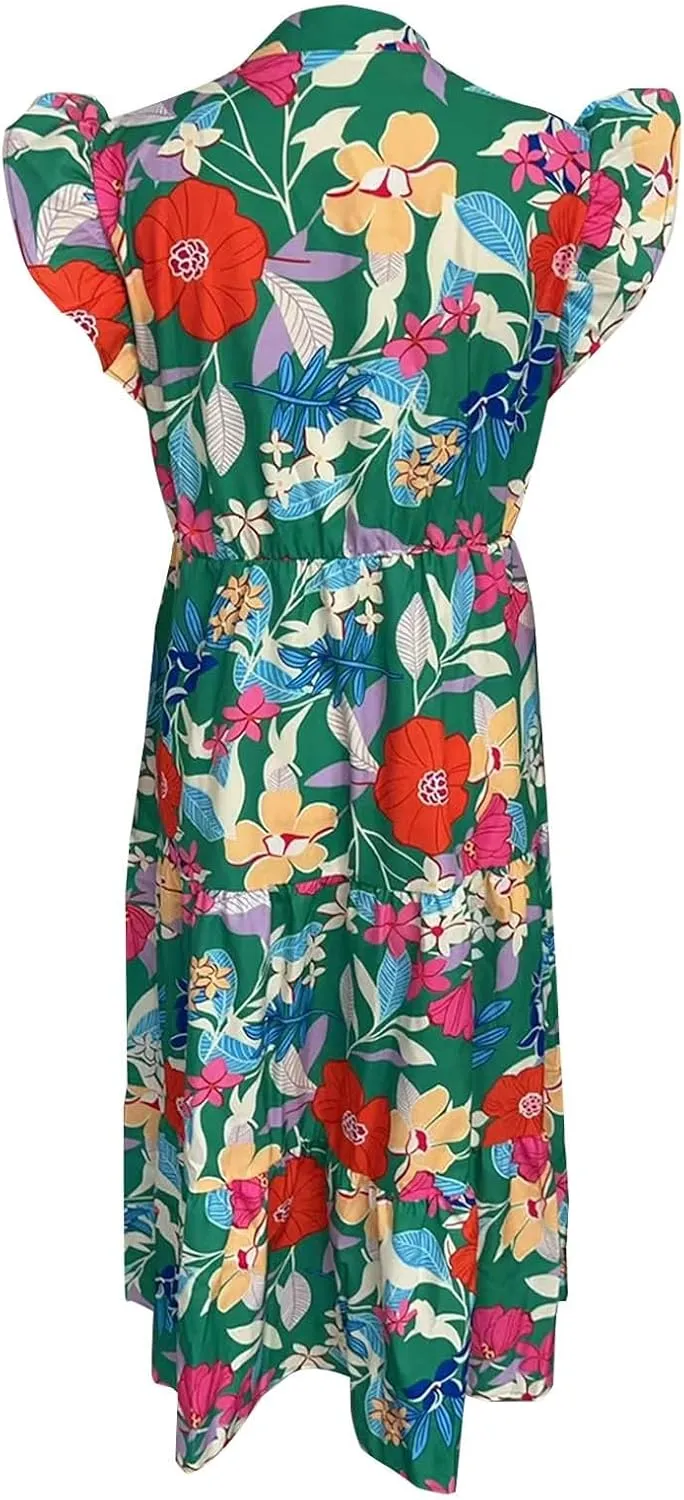 Summer Midi Dresses for Women 2025 Casual Boho Floral Beach Vacation Sundress V Neck Cap Sleeve Flowy Long Dresses