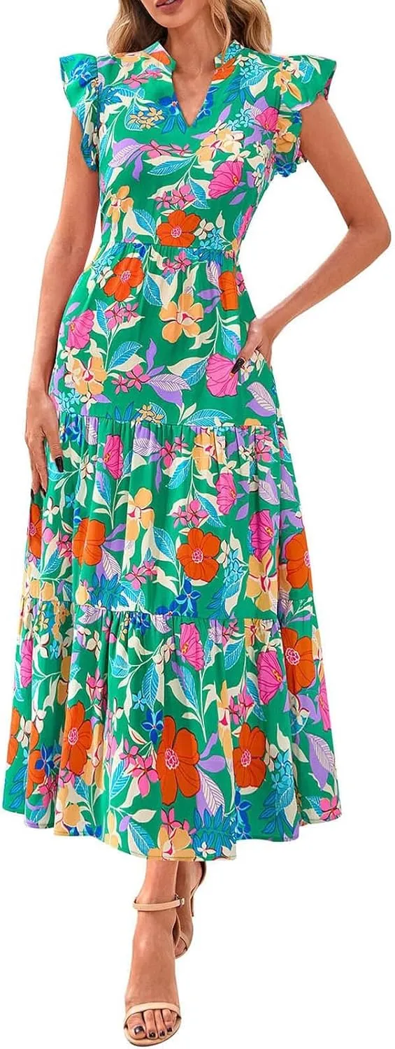 Summer Midi Dresses for Women 2025 Casual Boho Floral Beach Vacation Sundress V Neck Cap Sleeve Flowy Long Dresses