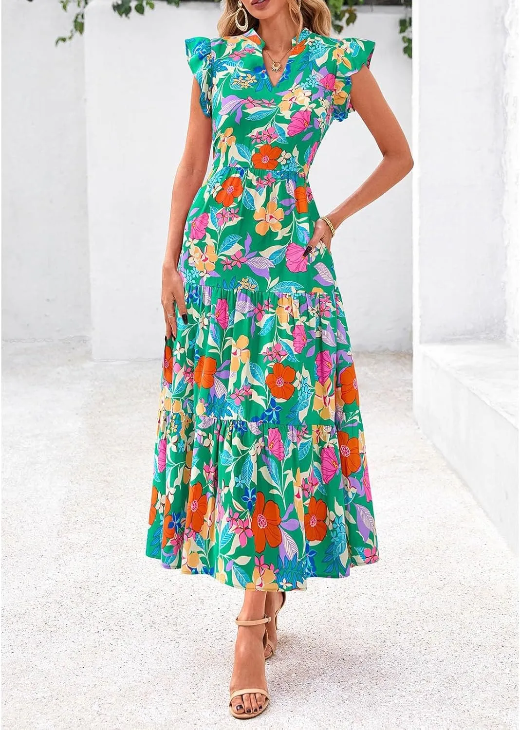 Summer Midi Dresses for Women 2025 Casual Boho Floral Beach Vacation Sundress V Neck Cap Sleeve Flowy Long Dresses