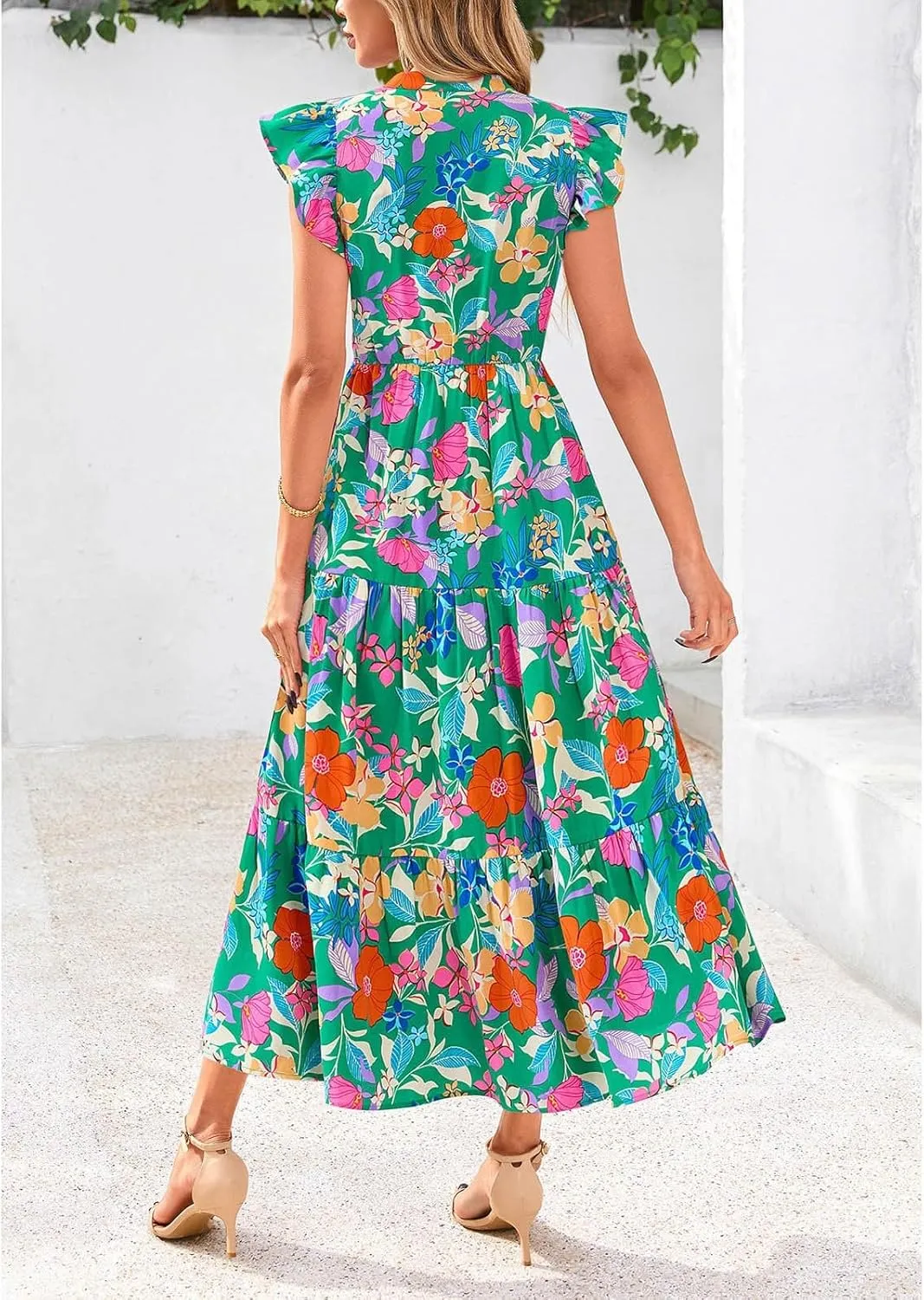 Summer Midi Dresses for Women 2025 Casual Boho Floral Beach Vacation Sundress V Neck Cap Sleeve Flowy Long Dresses