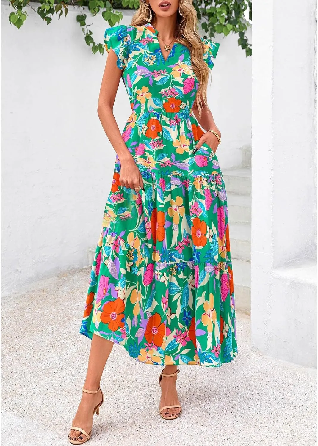 Summer Midi Dresses for Women 2025 Casual Boho Floral Beach Vacation Sundress V Neck Cap Sleeve Flowy Long Dresses