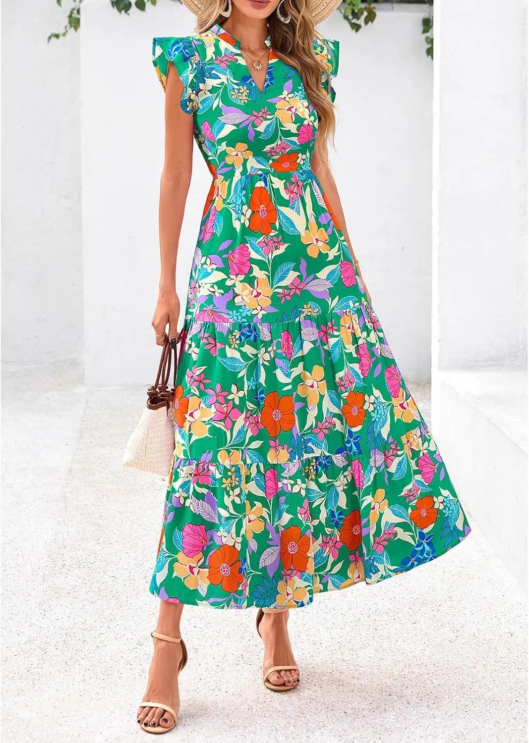 Summer Midi Dresses for Women 2025 Casual Boho Floral Beach Vacation Sundress V Neck Cap Sleeve Flowy Long Dresses