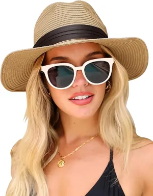 Sun Hats for Women Men- Wide Brim Fedora Straw Panama Beach Hat UV UPF 80  with 2 Replaceable Ribbons