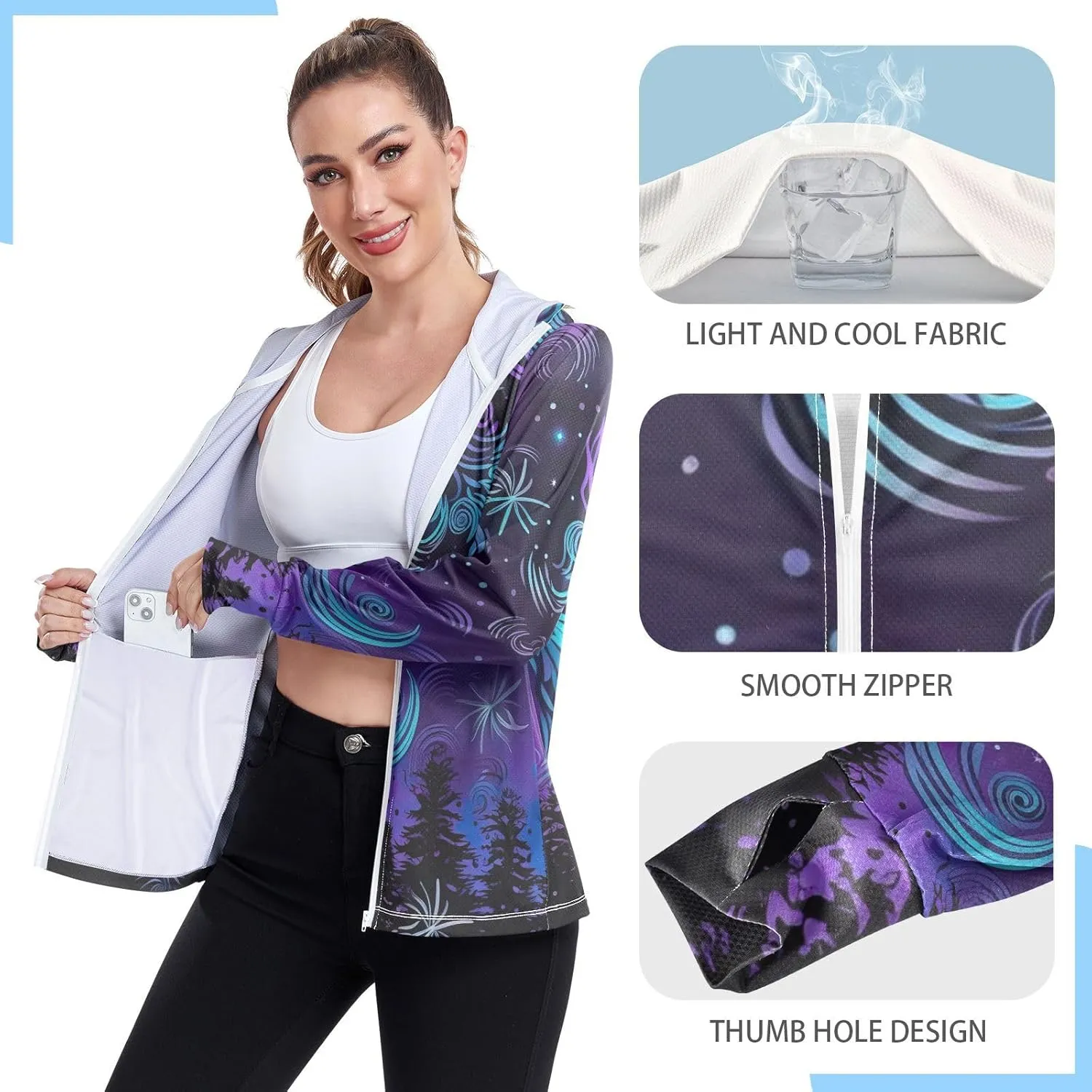 Sun Moon Starry Night Uv Protection Jacket Upf 50 , Long Sleeve Zip up Beach Jacket