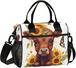 Sunflower Calf Butterfly White Lunch Bag for Women Insulated Lunch Box with Adjustable Shoulder Strap for Office Men M