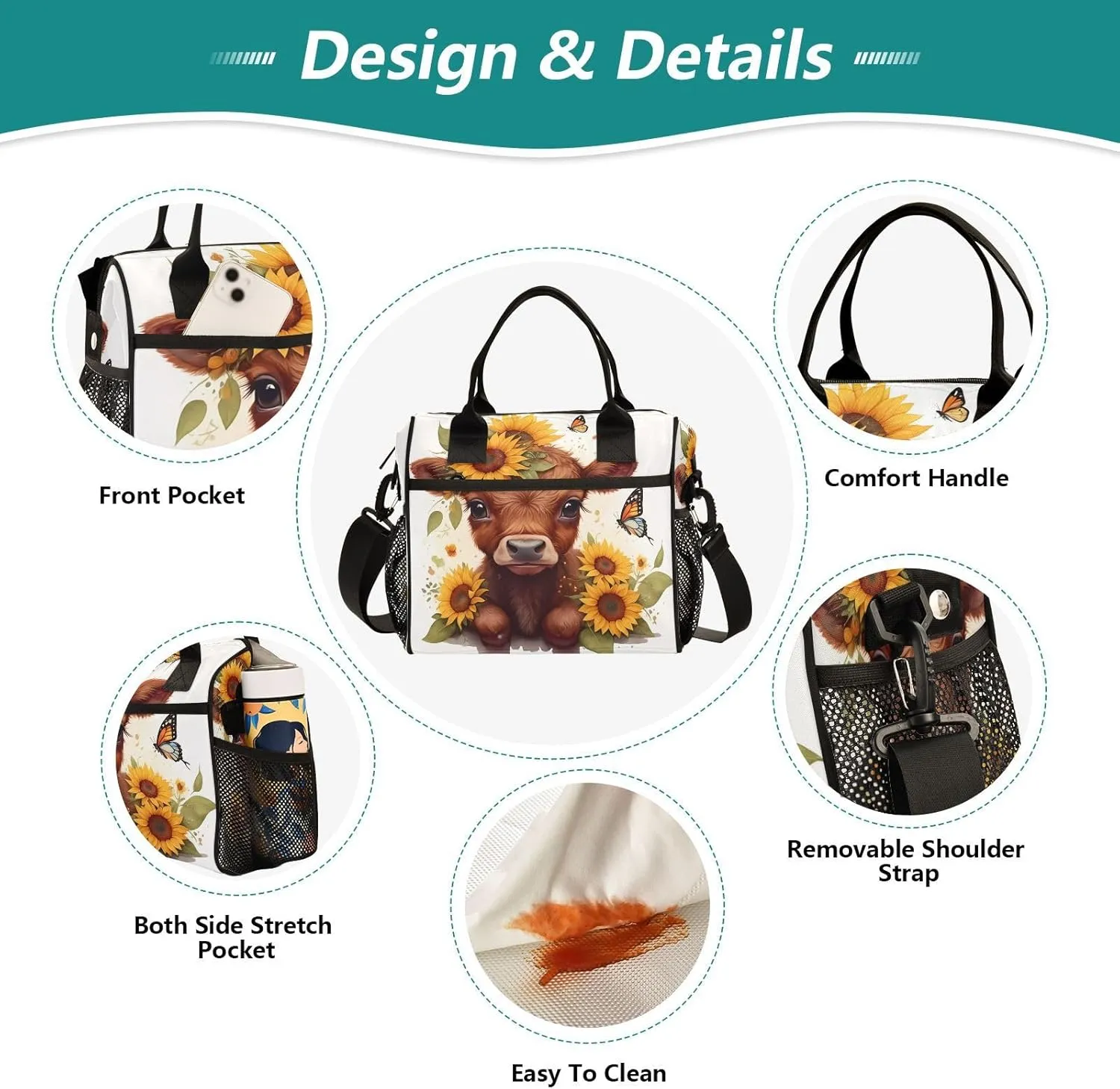 Sunflower Calf Butterfly White Lunch Bag for Women Insulated Lunch Box with Adjustable Shoulder Strap for Office Men M