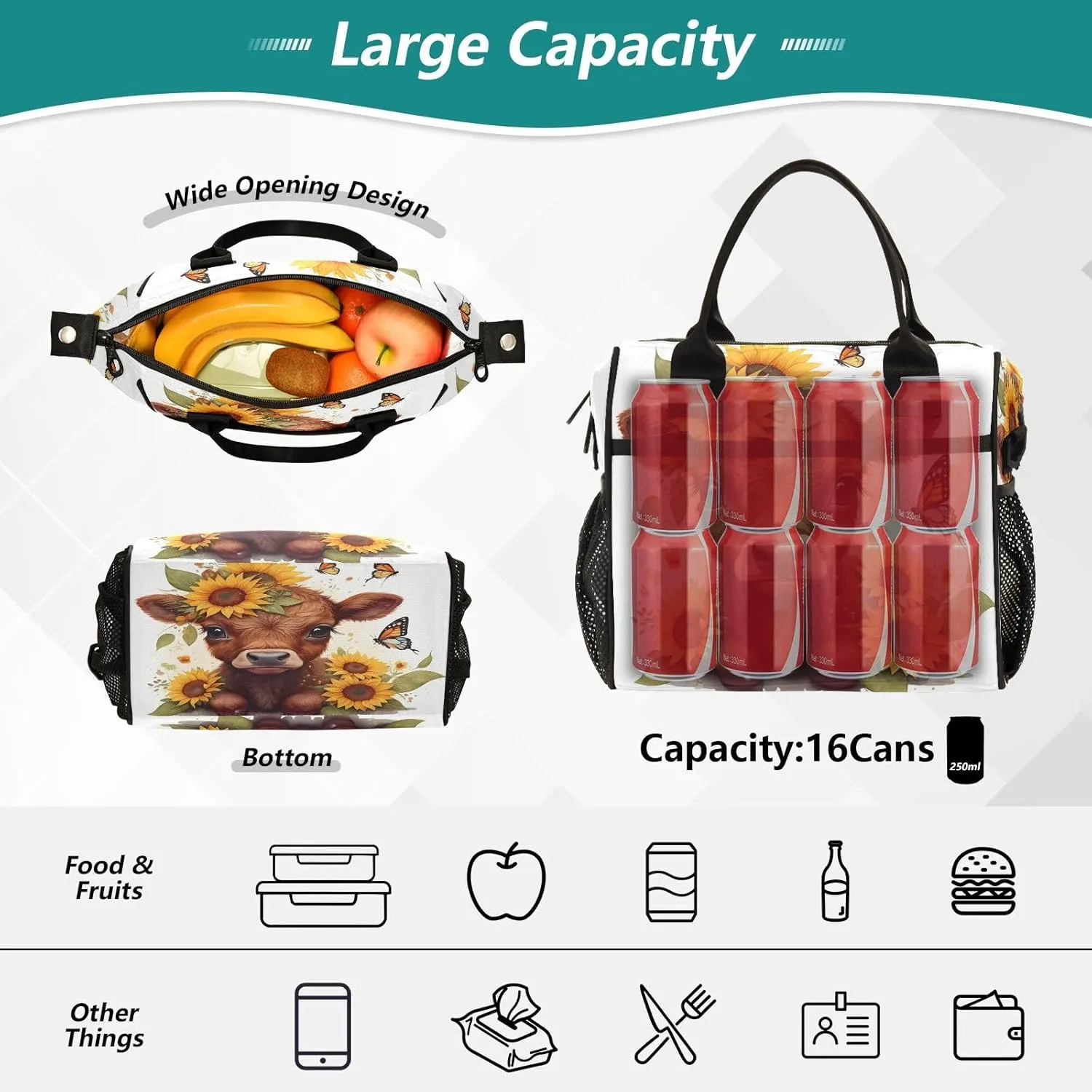 Sunflower Calf Butterfly White Lunch Bag for Women Insulated Lunch Box with Adjustable Shoulder Strap for Office Men M