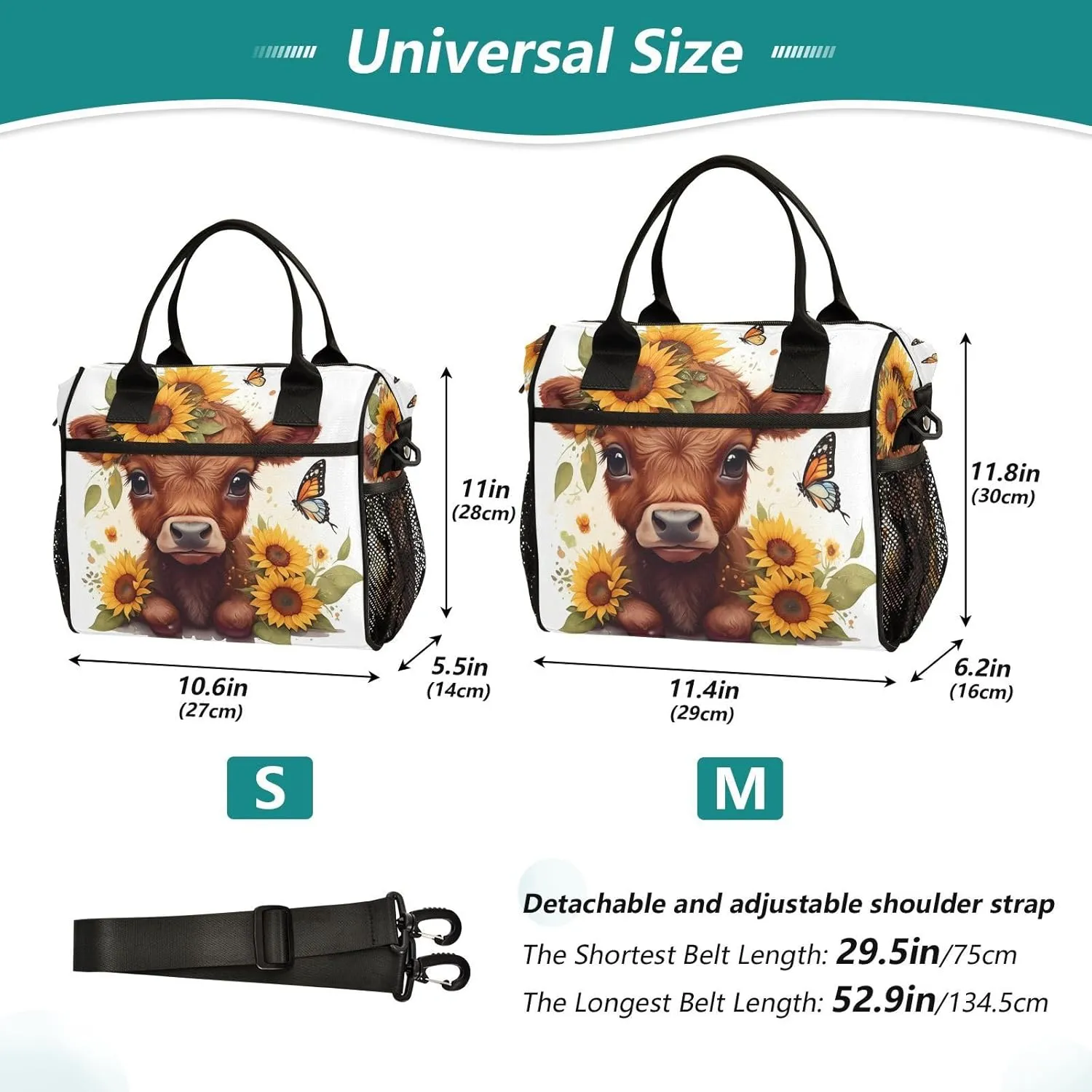 Sunflower Calf Butterfly White Lunch Bag for Women Insulated Lunch Box with Adjustable Shoulder Strap for Office Men M