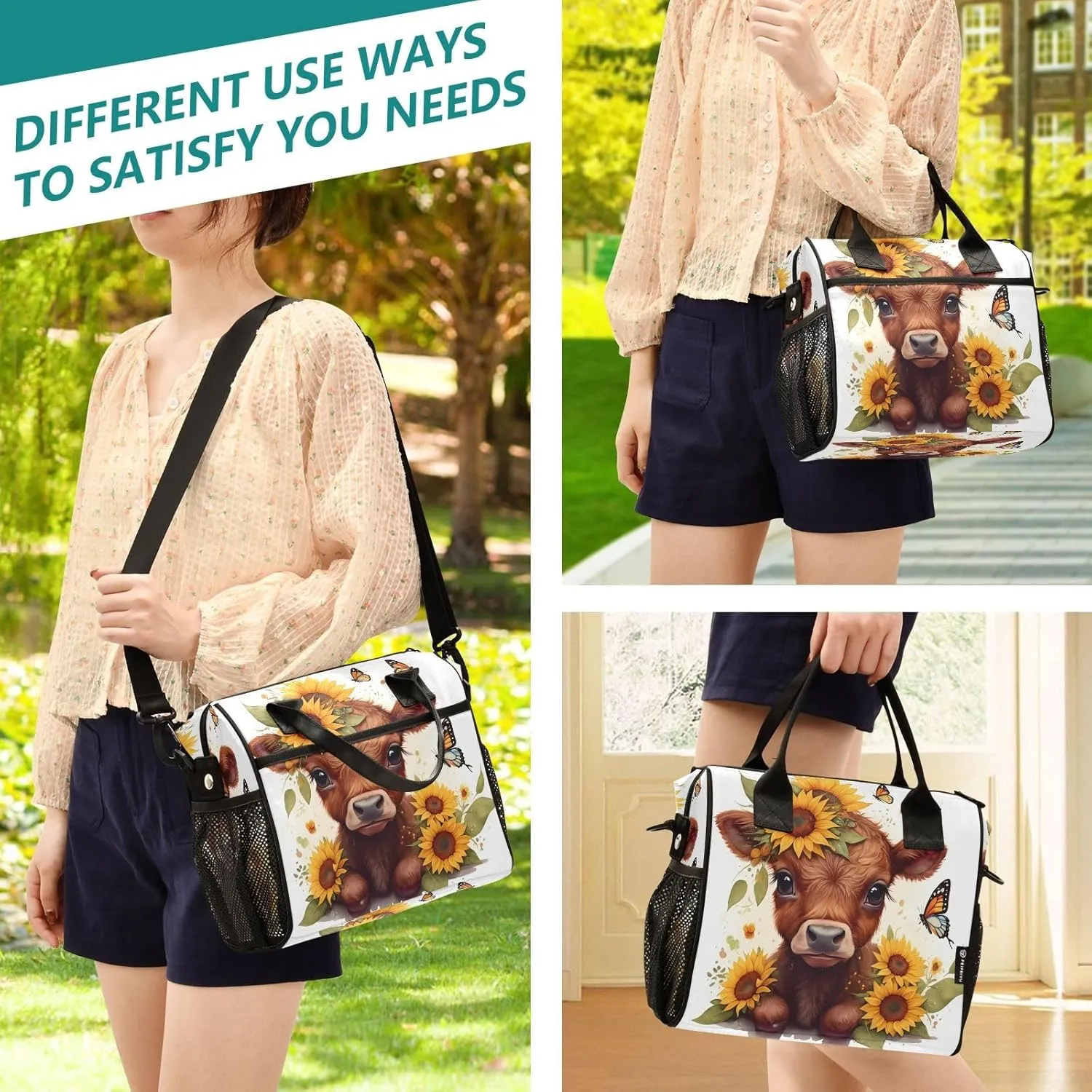 Sunflower Calf Butterfly White Lunch Bag for Women Insulated Lunch Box with Adjustable Shoulder Strap for Office Men M