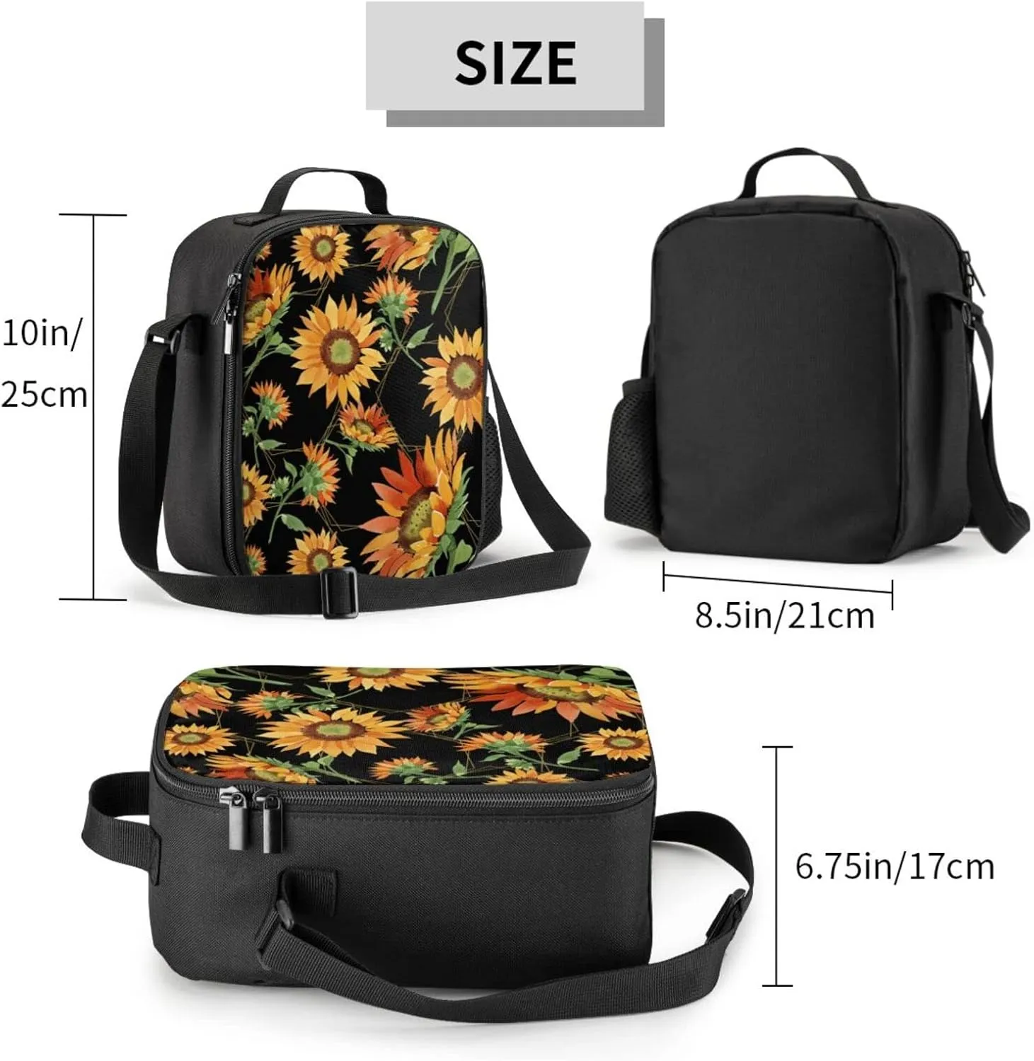 Sunflower Hexagonal Frame Kids Insulated Lunch Bag Small Cute Thermal Tote Bag Built Back to School Lunch Bags with Water Bottle Holder Shoulder Strap for Teens Girls Boys