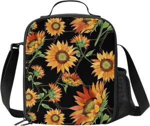 Sunflower Hexagonal Frame Kids Insulated Lunch Bag Small Cute Thermal Tote Bag Built Back to School Lunch Bags with Water Bottle Holder Shoulder Strap for Teens Girls Boys