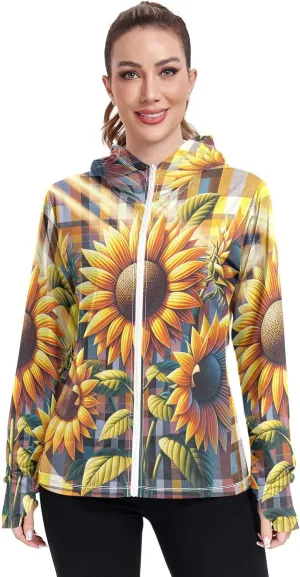 Sunflowers Plaid Womens Uv Protection Clothing, Upf 50  Beach Jacket, S-XXL