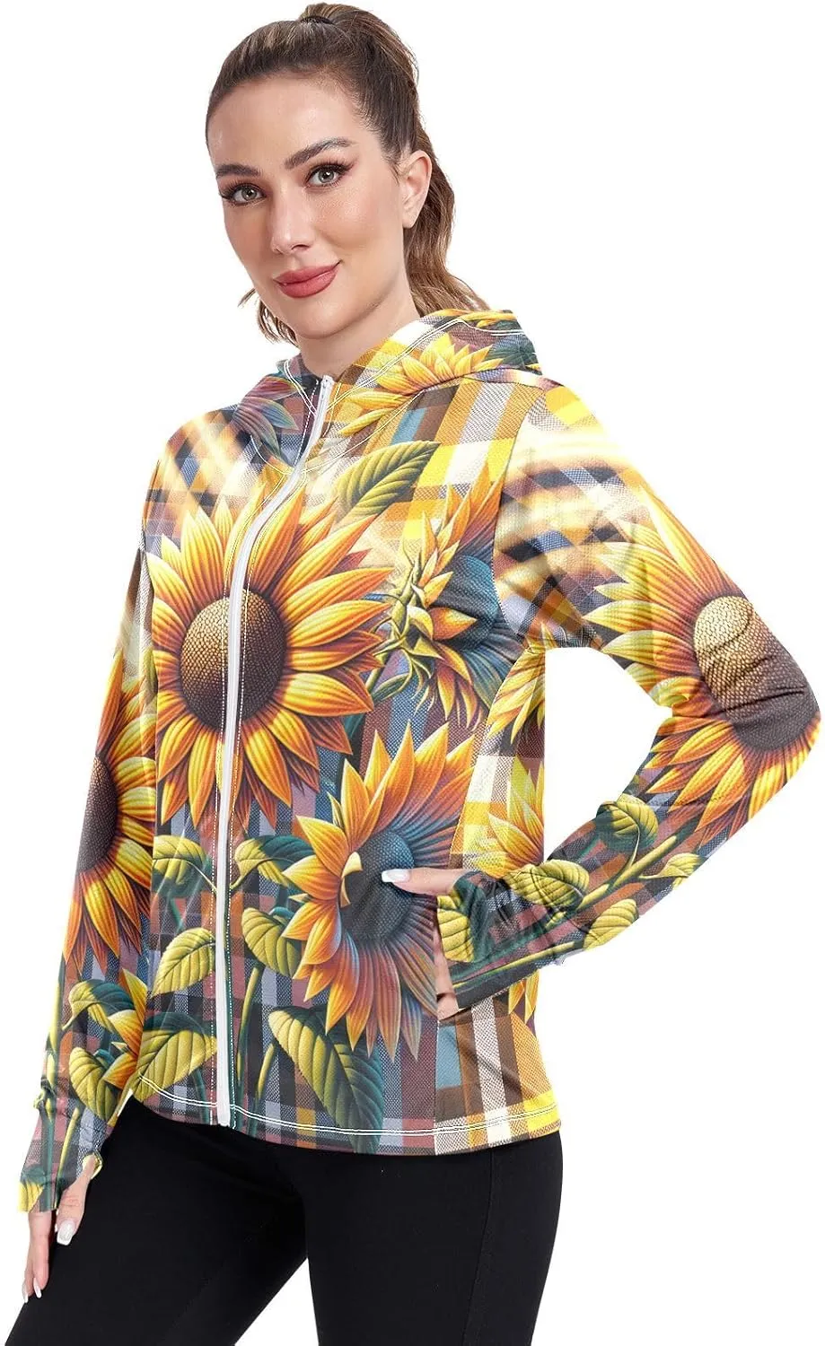 Sunflowers Plaid Womens Uv Protection Clothing, Upf 50  Beach Jacket, S-XXL
