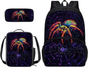 Suobstales Spider Web Print Backpack for Boys School Bag with Lunch Bag and Pencil Case Set Kids 3 in 1 Bookbag Back Packs Satchel Travel Daypack Rucksack