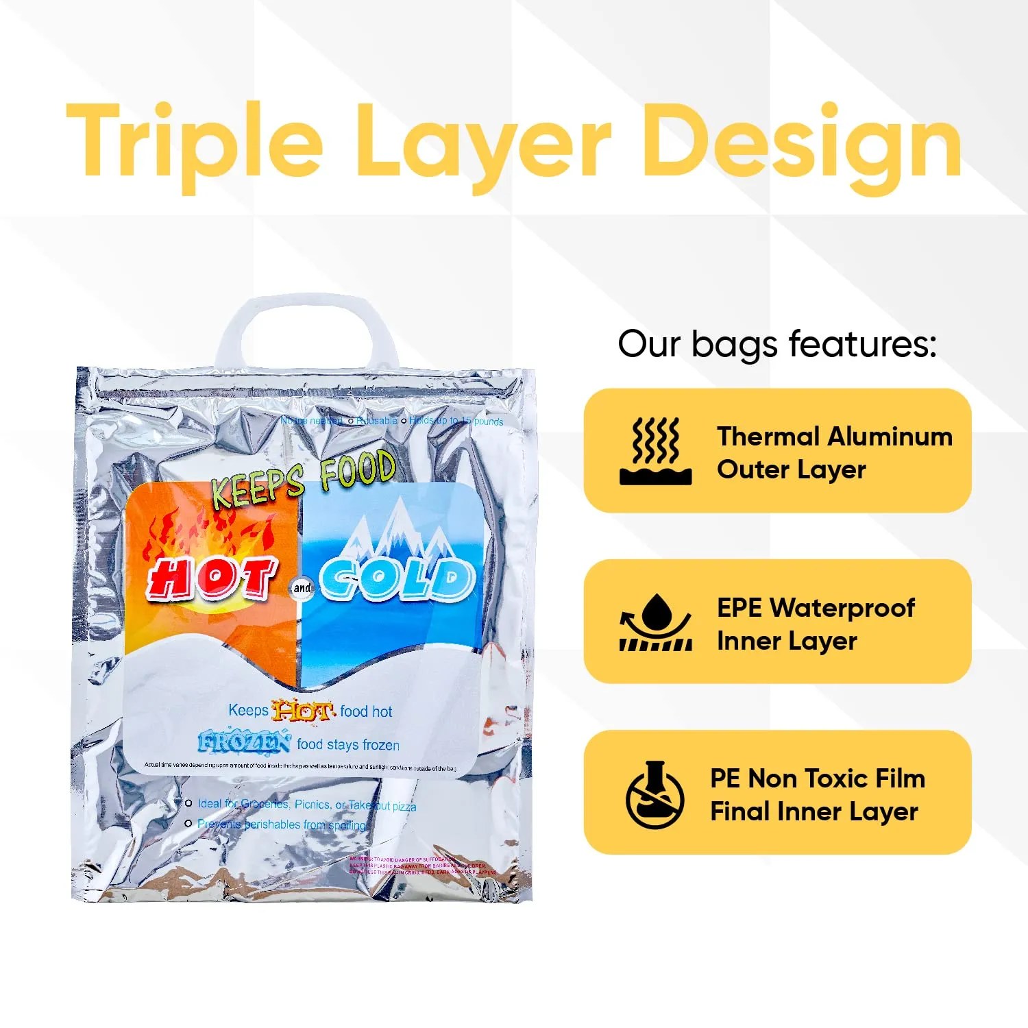 Superio Hot and Cold Insulated Bags for Food Delivery, Grocery Shopping Bags, Food Storage for Hot and Frozen Food for Travel, Disposable Cooler Bag, Reinforced Thermal Lunch Bag (4, 12"x13.5")