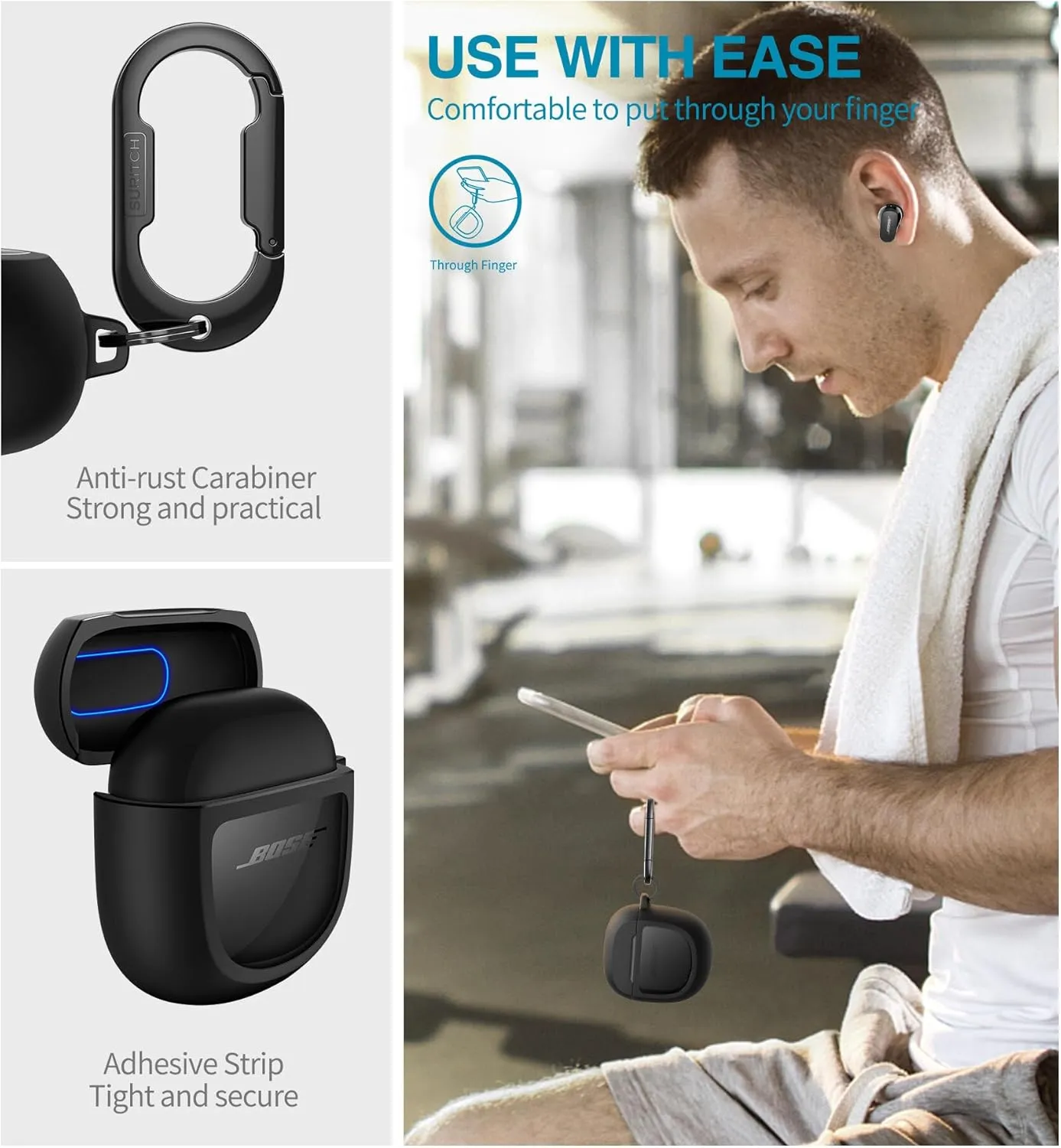 SURITCH Protective Cases for Bose QuietComfort Earbuds II 2022 / QuietComfort Ultra 2023, Shockproof Case Cover for Bose QC ii 2 Charging Case Accessories with Carabiner, Black