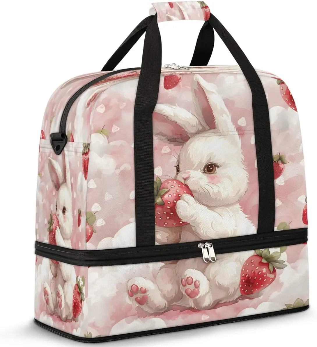 Sweet Strawberry Rabblt Travel Duffel Bag, Travel Essentials, Gym Bag for Women, Weekender Overnight Bag With Shoes Compartment, Carry On Bags for Airplanes