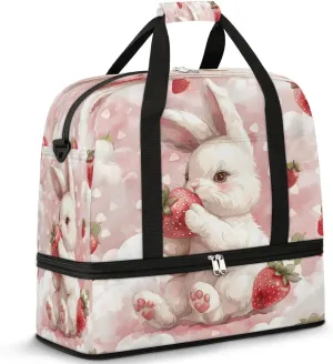 Sweet Strawberry Rabblt Travel Duffel Bag, Travel Essentials, Gym Bag for Women, Weekender Overnight Bag With Shoes Compartment, Carry On Bags for Airplanes