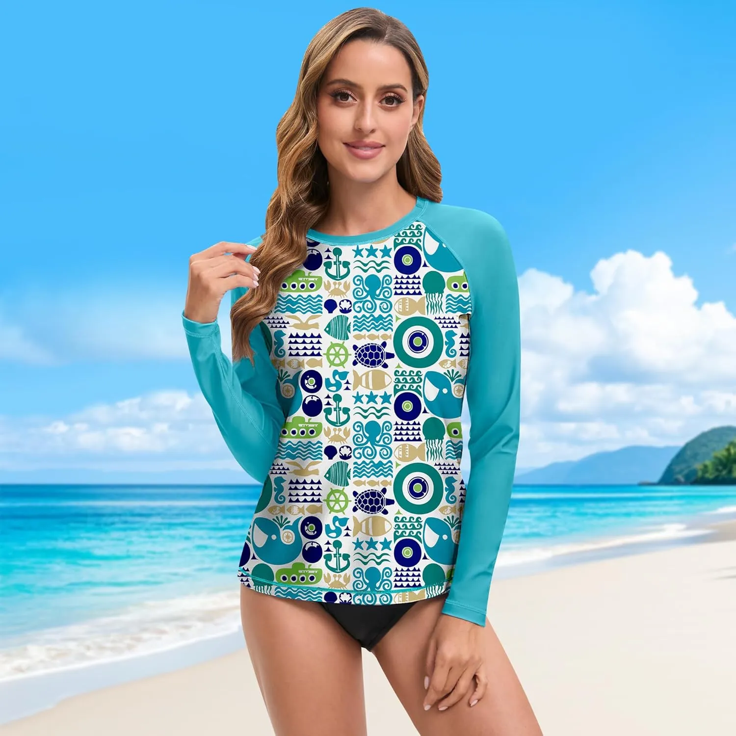 Swim Rash Guard Shirts for Women UPF 50  UV Protection Long Sleeve Round Neck Swimsuit Top for Outdoor Sports