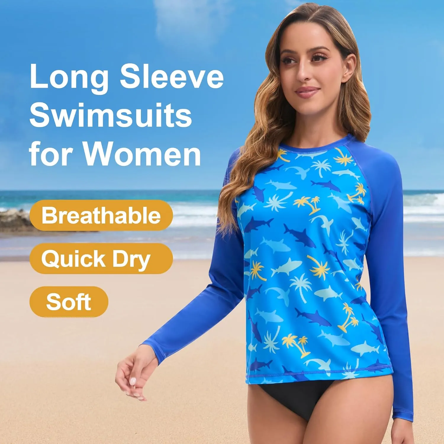 Swim Rash Guard Shirts for Women UPF 50  UV Protection Long Sleeve Round Neck Swimsuit Top for Outdoor Sports