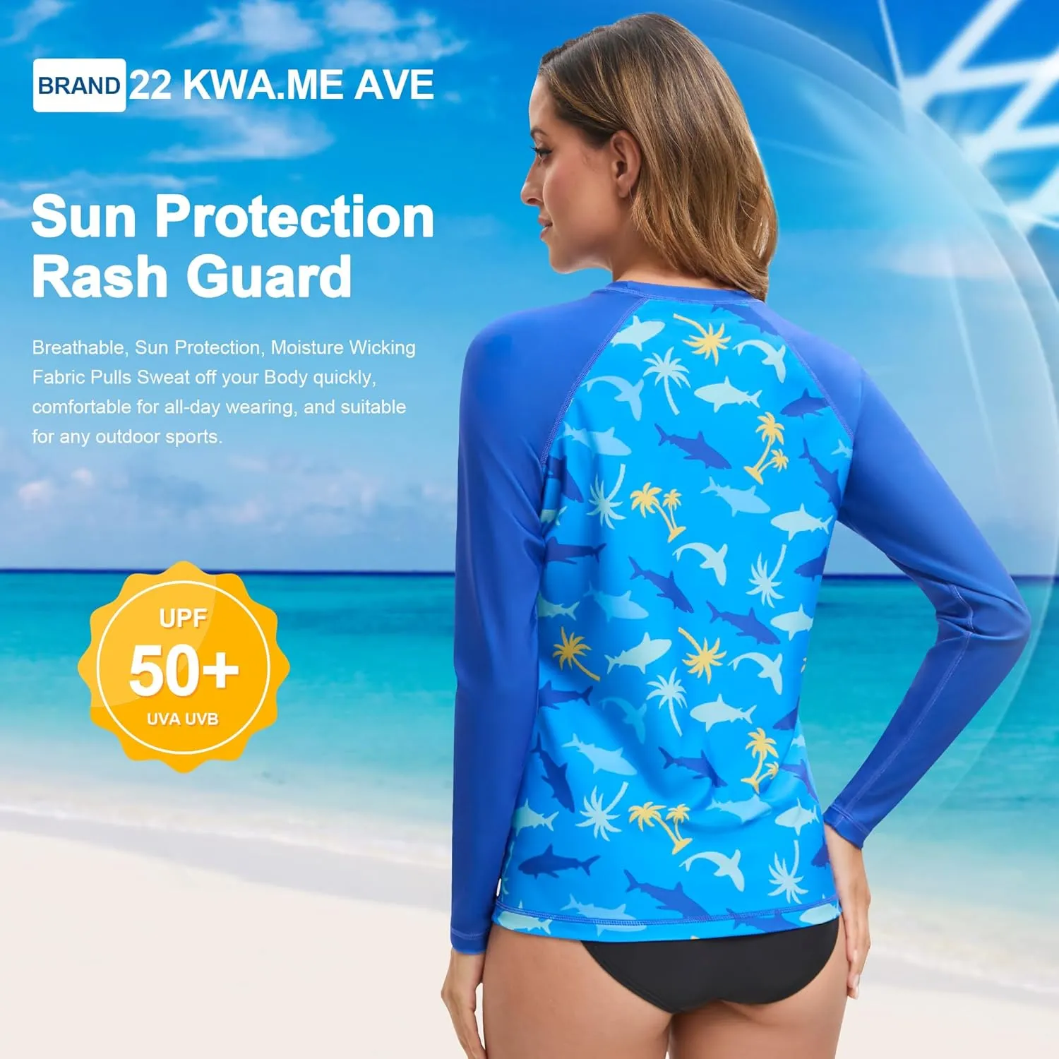 Swim Rash Guard Shirts for Women UPF 50  UV Protection Long Sleeve Round Neck Swimsuit Top for Outdoor Sports