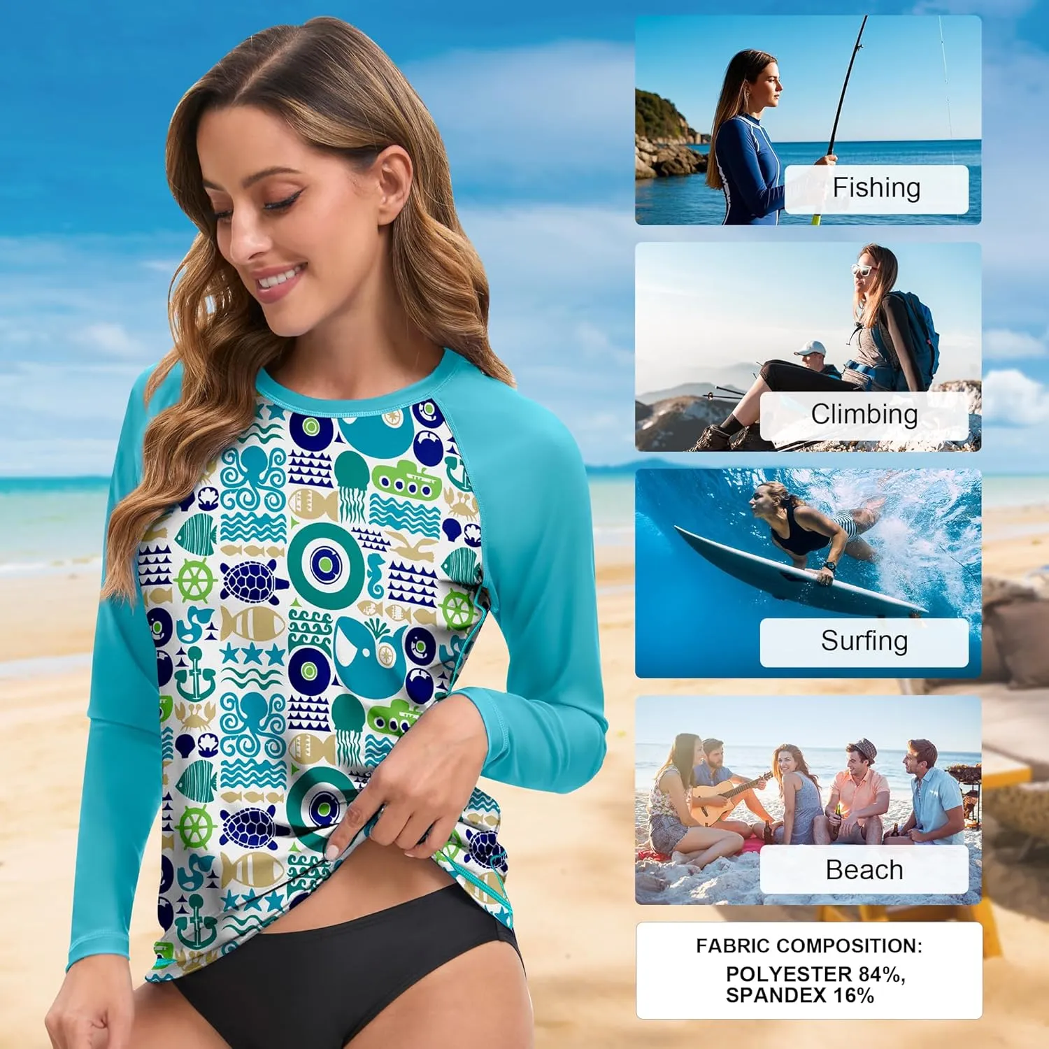 Swim Rash Guard Shirts for Women UPF 50  UV Protection Long Sleeve Round Neck Swimsuit Top for Outdoor Sports