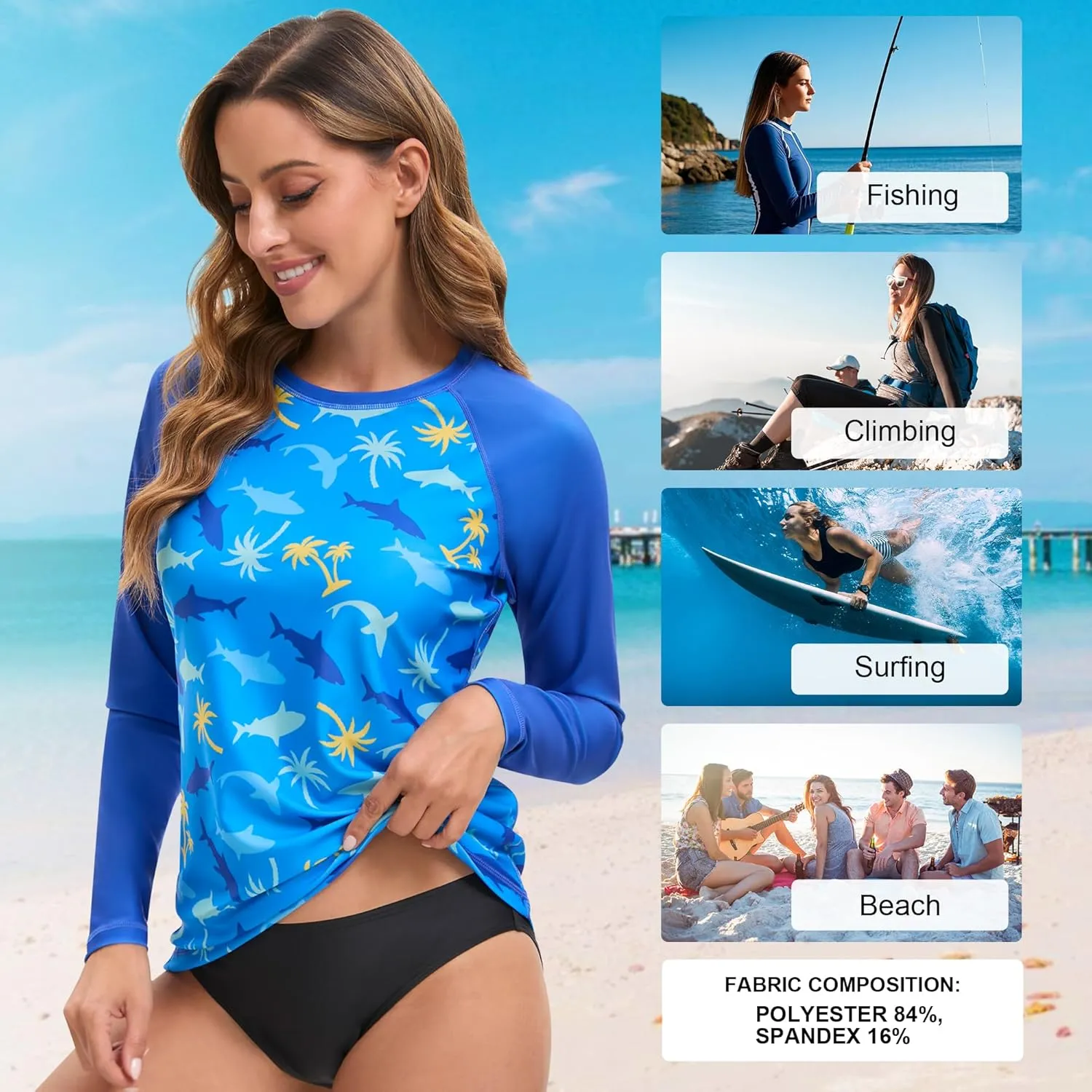 Swim Rash Guard Shirts for Women UPF 50  UV Protection Long Sleeve Round Neck Swimsuit Top for Outdoor Sports