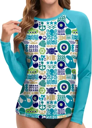Swim Rash Guard Shirts for Women UPF 50  UV Protection Long Sleeve Round Neck Swimsuit Top for Outdoor Sports
