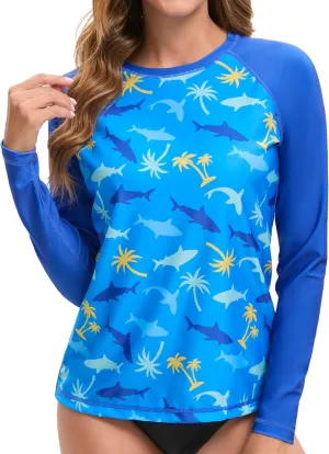 Swim Rash Guard Shirts for Women UPF 50  UV Protection Long Sleeve Round Neck Swimsuit Top for Outdoor Sports