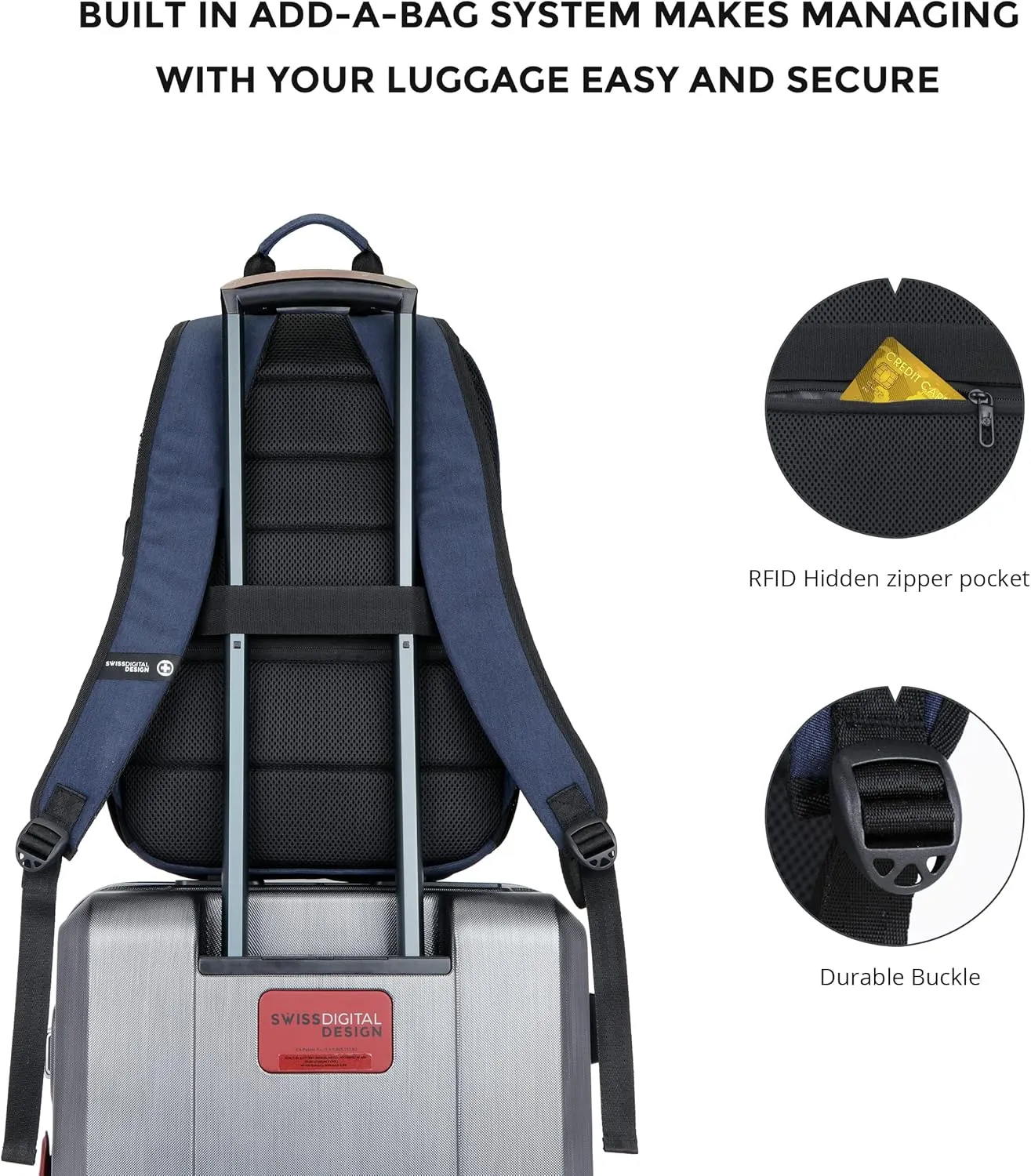 Swissdigital Design College 17 inch Laptop Backpack, Slim Business Travel Laptop Backpack With USB Charging Port For Women & Men Laptop Dark Blue (BIBERSTEIN SD1636-12)