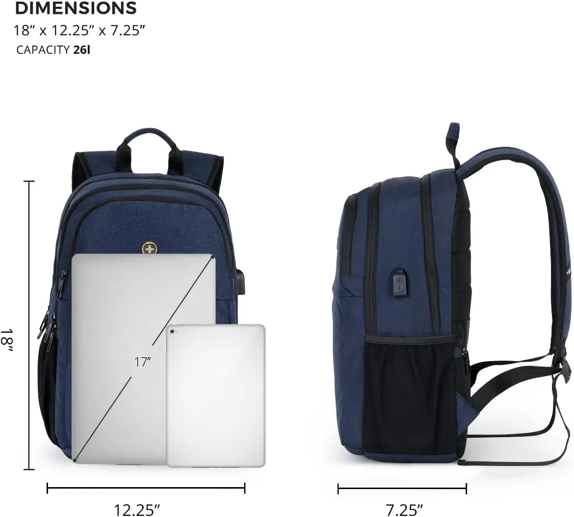 Swissdigital Design College 17 inch Laptop Backpack, Slim Business Travel Laptop Backpack With USB Charging Port For Women & Men Laptop Dark Blue (BIBERSTEIN SD1636-12)
